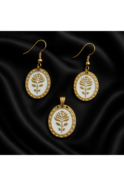 Lu Atelier Roséline Gold Detailed Rose Motif Handmade Earrings and Pendant Set (Without Chain)