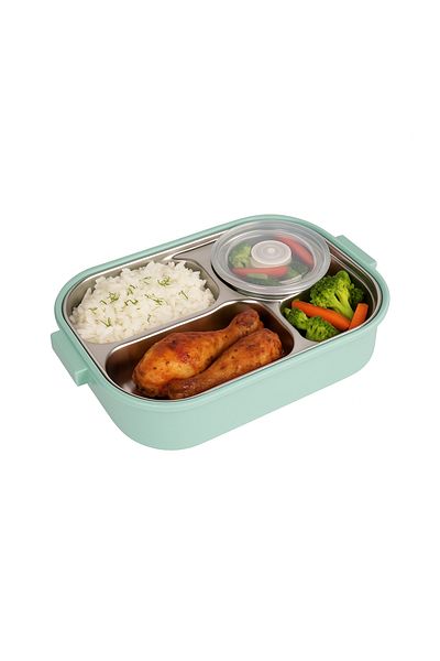 Relaxion Three Compartments, Stainless Steel, Green Food Storage and Transport Container/Box 1000 Ml. (465)