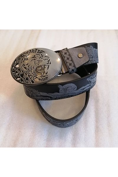 Butik Tülin Unisex Authentic Faux Leather Gray Black Tree Animal Printed Metallic Lion Head Cowboy Buckle Belt