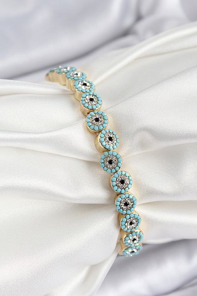callerrons accessories Brass Zircon Stone Turquoise Evil Eye Model Gold Color Elastic Women's Bracelet - Ebj250726W36764