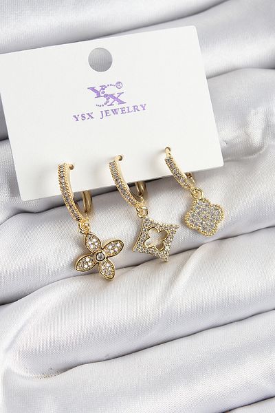 callerrons accessories Brass Zircon Stone Clover Model Gold Color 3-Piece Women's Earrings - Ebj250726W36722