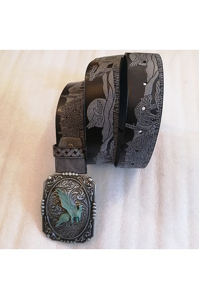 Butik Tülin Unisex Authentic Faux Leather Gray Black Tree Animal Printed Metallic Flying Eagle Cowboy Buckle Belt