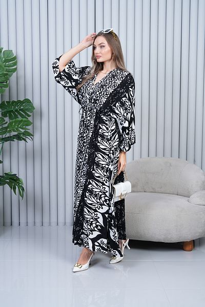 EL jadida Women's Patterned Double Breasted Collar Viscose Plus Size Hijab Dress