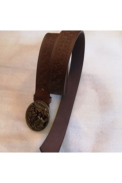Butik Tülin Unisex Authentic Faux Leather Coffee Flower Printed Bronze Running Deer Burgundy Enamel Cowboy Buckle Belt