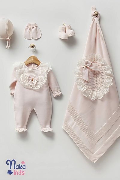 Naka Concept Pink 100% Cotton Knitwear Lace 5 Piece Baby Girl Hospital Release Set