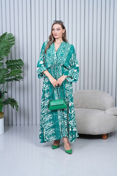 EL jadida Women's Patterned Double Breasted Collar Viscose Plus Size Hijab Dress