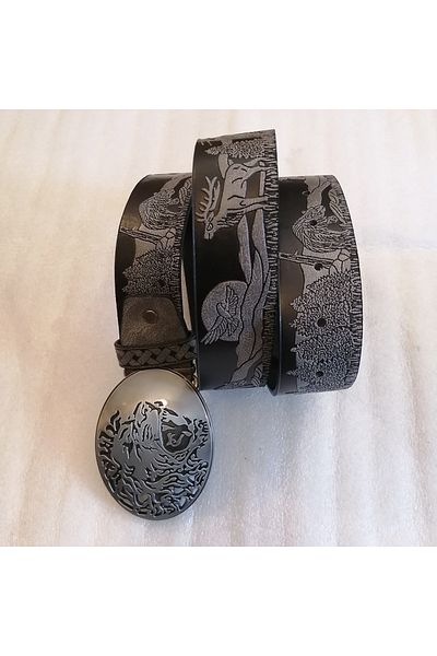 Butik Tülin Unisex Authentic Faux Leather Gray Black Tree Animal Printed Metallic Lion Head Cowboy Buckle Belt