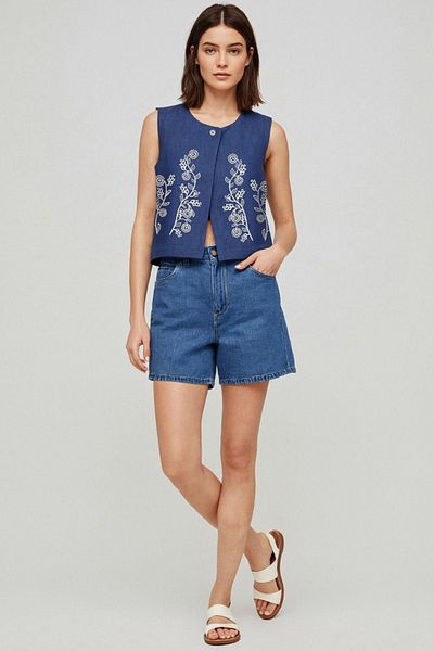 Trendyol Collection Indigo Linen Look Embroidered Vest Twoss25Ye00111