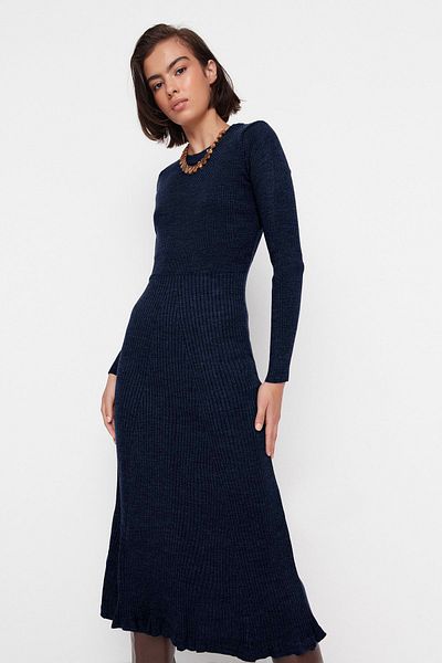 Trendyol Collection Navy Blue Midi Knitwear Crew Neck Dress Twoaw21El0422