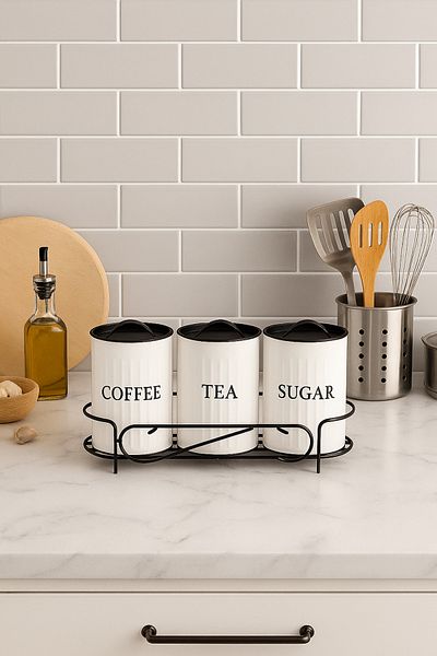 hemlife Metal Tea Coffee Sugar Jar Set with Stand 3-Piece Metal Jar Storage Box White Body Black Lid