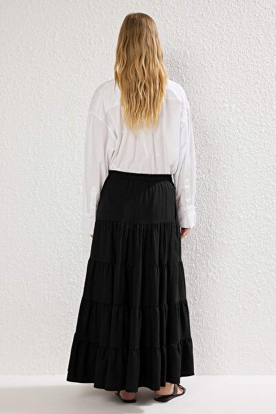 Trendyol Collection Černá bavlněná texturovaná látka Maxi Size Bohemian Woven Sukně TWOSS25ET00029