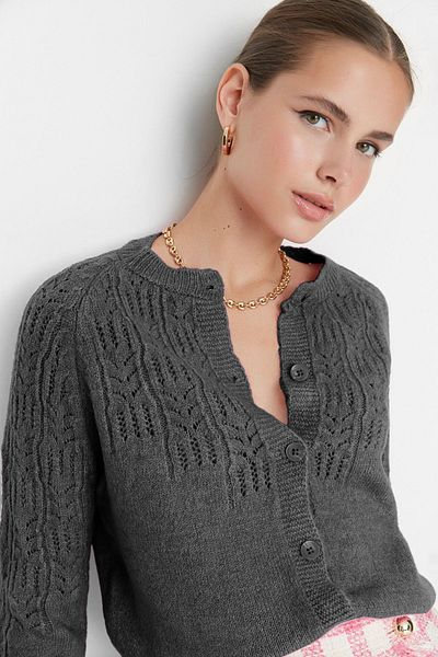 Trendyol Collection Anthracite Soft Textured Openwork / Perforated Sweater Cardigan TWOAW21HI0020