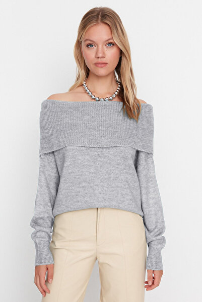 Trendyol Collection Gray Soft Textured Carmen Collar Knitwear Sweater Twoaw20Kz1519