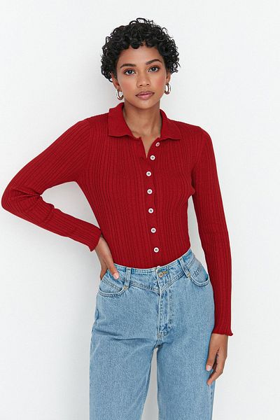 Trendyol Collection Burgundy Mercerized Look Ribbed Polo Neck Knitwear Cardigan Twoaw20Hi0070