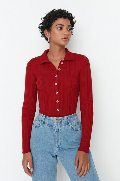 Trendyol Collection Burgundy Mercerized Look Ribbed Polo Neck Knitwear Cardigan Twoaw20Hi0070