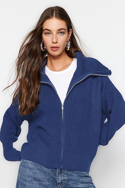 Trendyol Collection Indigo Wide Fit Turn-Down Collar Zip-Up Knitwear Cardigan Twoaw24Hi00072