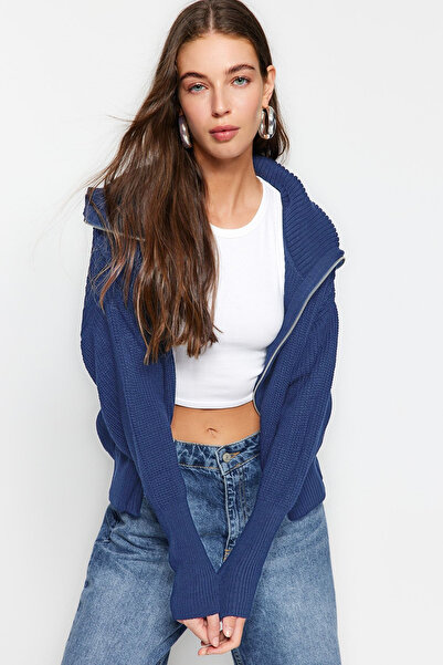 Trendyol Collection Indigo Wide Fit Πλεκτό Ζακέτα με φερμουάρ TWOAW24HI00072