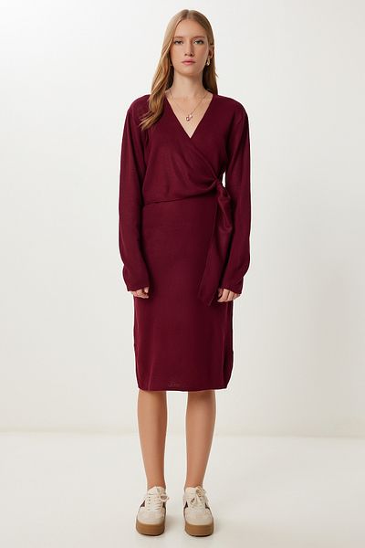 Happiness İstanbul Women's Burgundy Double Breasted Collar Knitwear Dress Pf00115