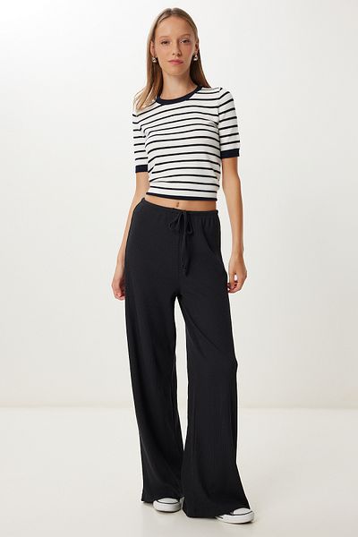 Happiness İstanbul Women's Black Wide Leg Ribbed Knitted Trousers Ub00444