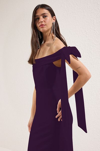 Trendyol Collection Rochie de seară elegantă tricotată, mov, cu fundă pe umăr, rochie de absolvire de seară TPRSS25EL00293