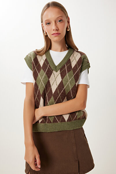 Happiness İstanbul Women's Khaki Brown Diamond Patterned Knitwear Sweater Mx00250