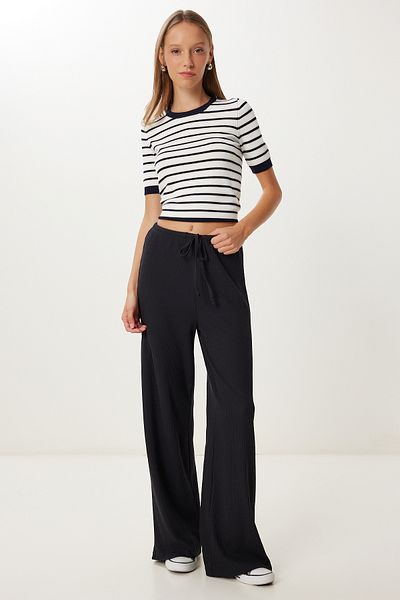 Happiness İstanbul Women's Black Wide Leg Ribbed Knitted Trousers Ub00444