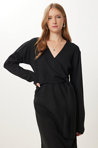 Happiness İstanbul Kadın Siyah Kruvaze Yaka Triko Elbise PF00115