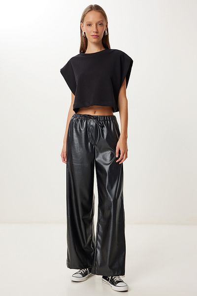 Happiness İstanbul Women's Black Wide Leg Faux Leather Pants Ub00455