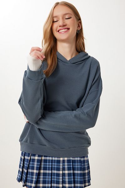 Happiness İstanbul Women's Smoked Hooded Knitted Sweatshirt Ub00456