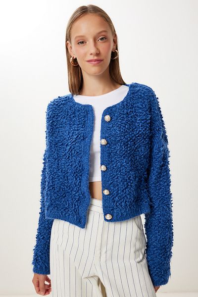 Happiness İstanbul Women's Cobalt Blue Stylish Buttoned Boucle Knitwear Cardigan Mx00252