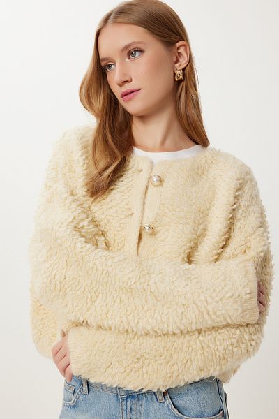 Happiness İstanbul Women's Vanilla Stylish Buttoned Boucle Knitwear Cardigan Mx00252
