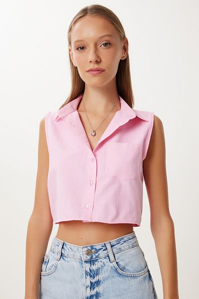 Happiness İstanbul Women's Candy Pink Pocket Crop Woven Shirt Cr00526