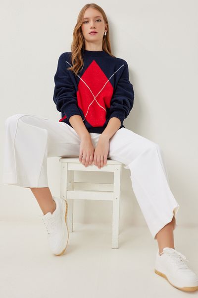 Happiness İstanbul Women's Navy Blue Red Diamond Patterned Knitwear Sweater Dd01366