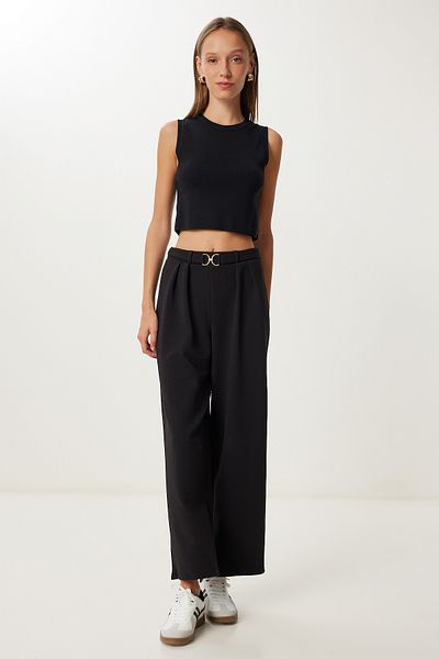 Happiness İstanbul Women's Black Belt Detailed Woven Trousers Ub00463