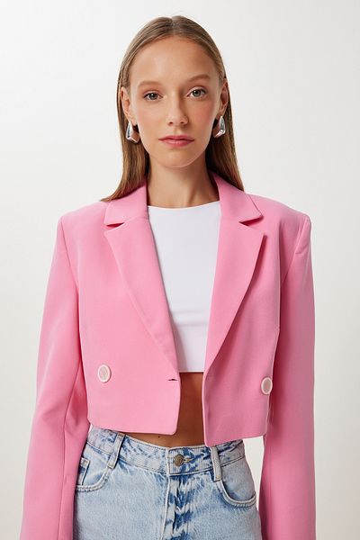 Happiness İstanbul Women's Pink Padded Crop Woven Jacket Kt00019