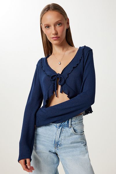 Happiness İstanbul Damen Lacivert Volanlı Mevsimlik Crop Triko Bolero UB00432