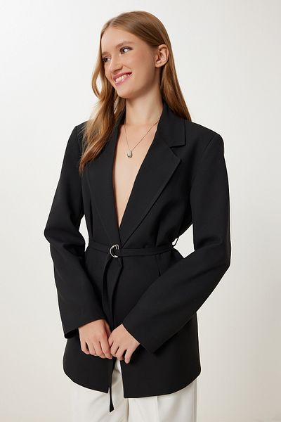 Happiness İstanbul Women's Black Padded Belted Blazer Woven Jacket Kt00023