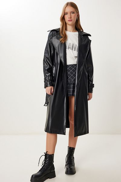 Happiness İstanbul Women's Black Belted Faux Leather Coat Oh00065