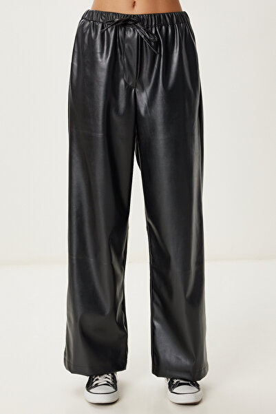 Happiness İstanbul Women's Black Wide Leg Faux Leather Pants Ub00455