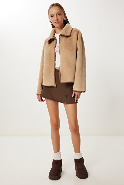 Happiness İstanbul Дамско кафяво яке с двустранна поло яка Biscuit KT00015