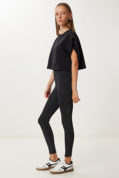Happiness İstanbul Women's Black Washed Knitted Leggings Pants Ub00462