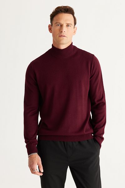 ALTINYILDIZ CLASSICS Men's Claret Red Knitwear Sweater - Non-Pilling, Standard Fit, Half Turtleneck