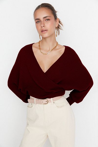 Trendyol Collection Pulover tricotat cu două piepturi bordeaux TWOAW21KZ1277