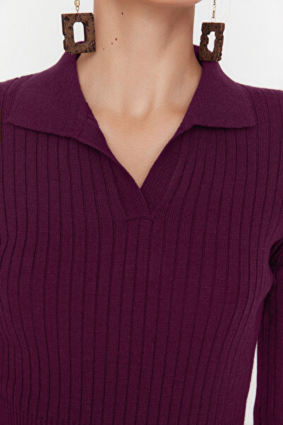 Trendyol Collection Plum Midi Knitwear Polo Collar Dress Twoaw22El1376