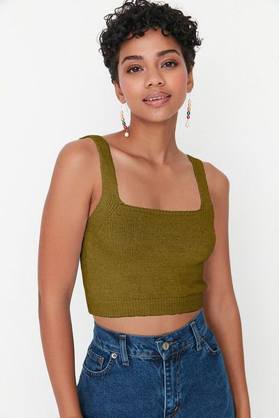 Trendyol Collection Khaki Crop Soft Textured 2-Piece Blouse-Cardigan Knitwear Set Twoaw21Hi0107