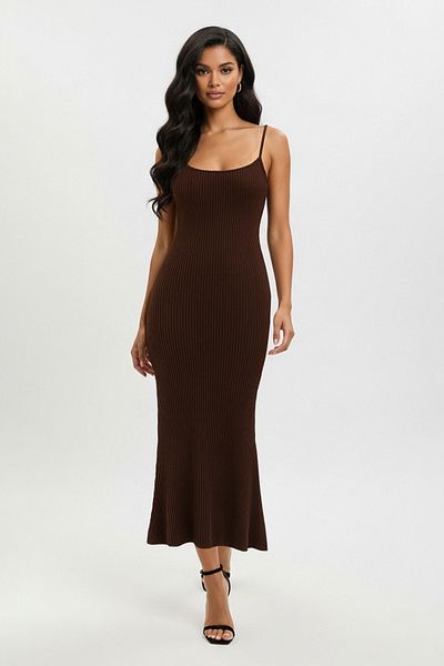 Trendyol Collection Καφέ Flat Midi Πλεκτό Φόρεμα A-Line TWOSS25EL00503