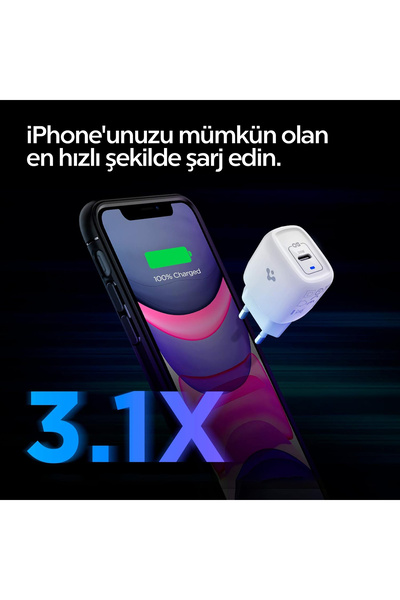 Spigen 20W USB-C Mini Hızlı Şarj Aleti/Şarj Isısını Düşürür GaN White Type-C - ACH02071