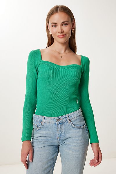 Happiness İstanbul Women's Medium Green Heart Collar Ribbed Knitwear Sweater US00738