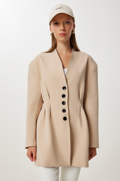 Happiness İstanbul Γυναικείο Σκούρο Κρεμ Παλτό Πανωφόρι Πανωφόρι KT00026