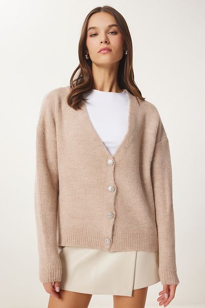 Happiness İstanbul Women's Beige Stylish Buttoned Knitwear Cardigan Mx00114